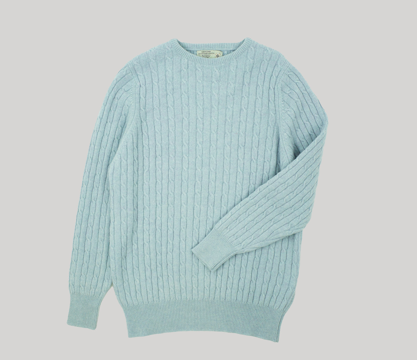 Geelong Lambswool Cable Crew Neck Jumper in Duck Egg