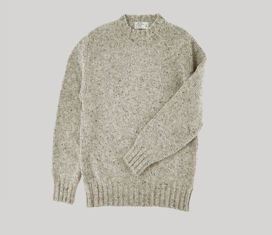 Chunky Donegal Wool Crew Neck Jumper in Silver Tweed