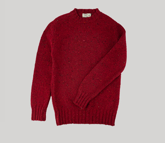 Chunky Donegal Wool Crew Neck Jumper in Burgundy Tweed