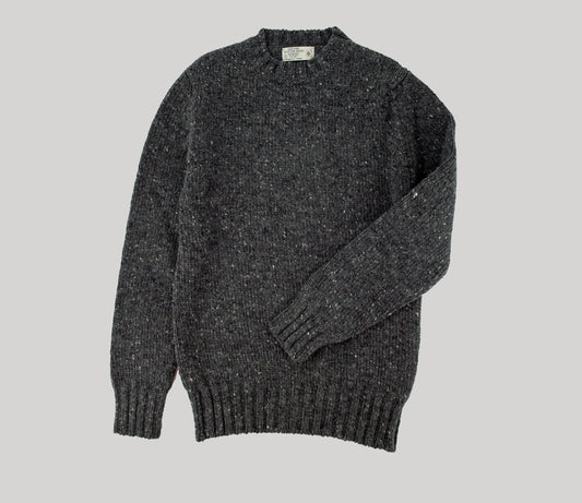 Chunky Donegal Wool Crew Neck Jumper in Derby Grey Tweed