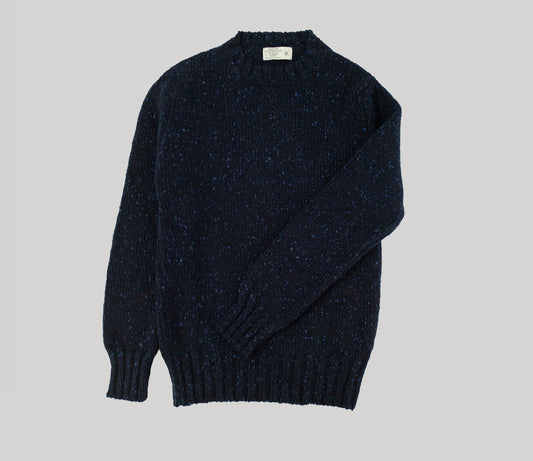 Chunky Donegal Wool Crew Neck Jumper in Navy Tweed