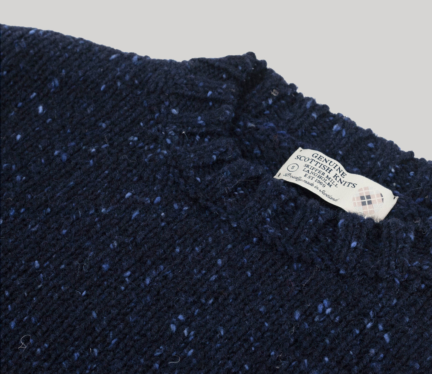 Chunky Donegal Wool Crew Neck Jumper in Navy Tweed