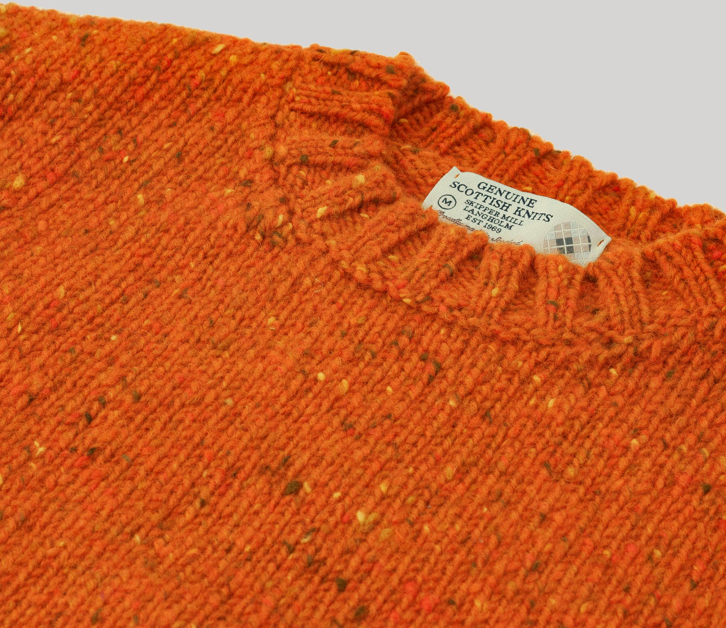 Chunky Donegal Wool Crew Neck Jumper in Orange Tweed