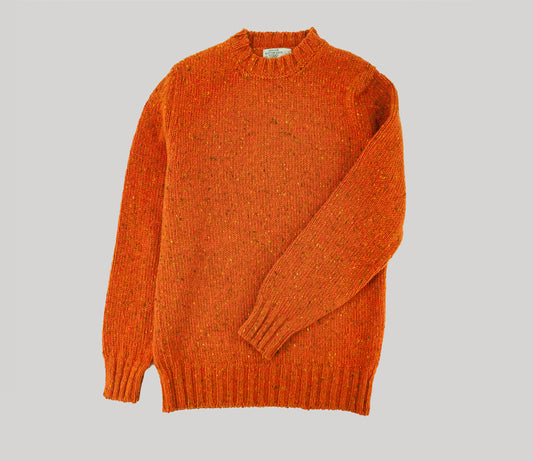 Chunky Donegal Wool Crew Neck Jumper in Orange Tweed