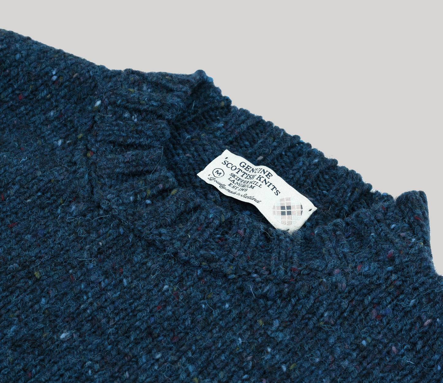 Chunky Donegal Wool Crew Neck Jumper in Petrol Blue Tweed