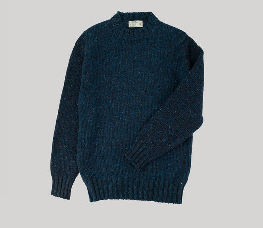 Chunky Donegal Wool Crew Neck Jumper in Petrol Blue Tweed