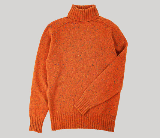 Merino Wool Donegal Roll Neck Jumper in Orange Tweed