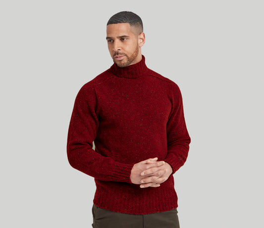 Merino Wool Donegal Roll Neck Jumper in Burgundy Tweed