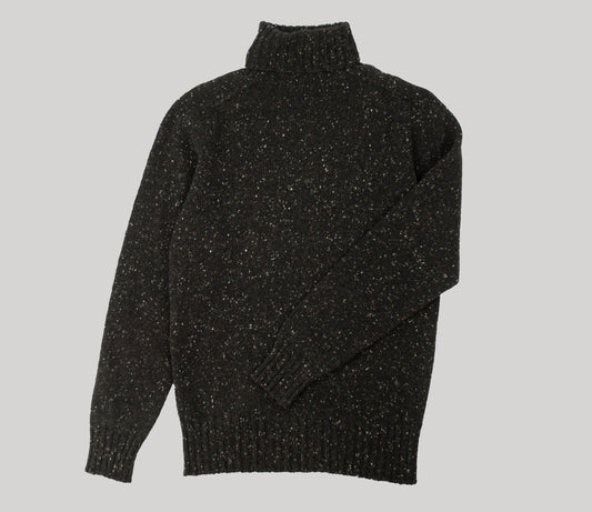 Merino Wool Donegal Roll Neck Jumper in Black Tweed