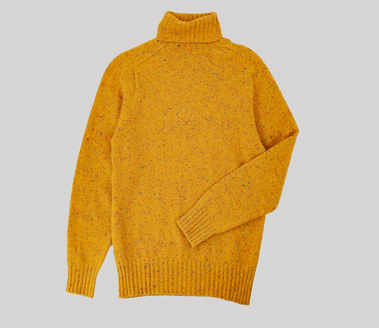 Merino Wool Donegal Roll Neck Jumper in Mustard Tweed