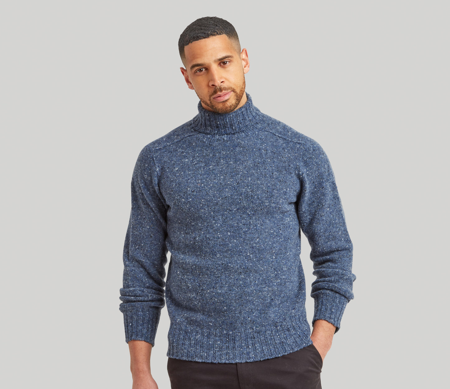 Merino Wool Donegal Roll Neck Jumper in Storm Tweed