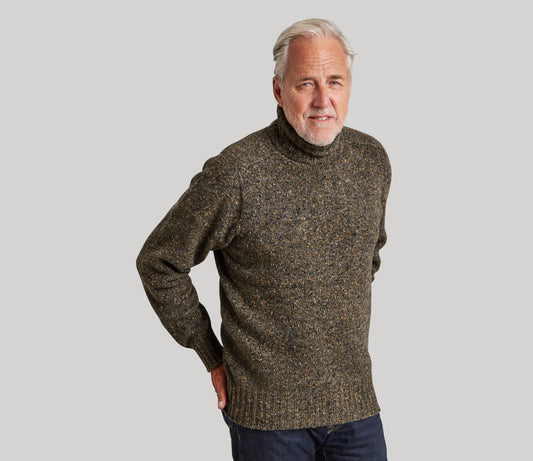 Merino Wool Donegal Roll Neck Jumper in Dark Natural Tweed