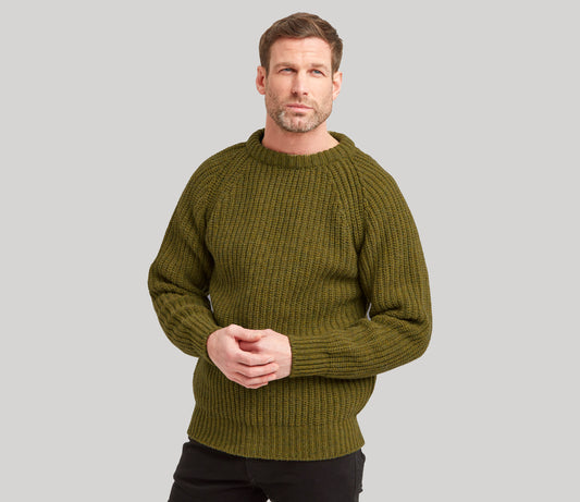 Chunky Wool Fisherman Crew Neck Jumper in Moorland