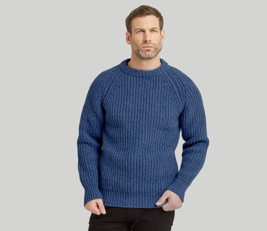 Chunky Wool Fisherman Crew Neck Jumper in Storm Blue