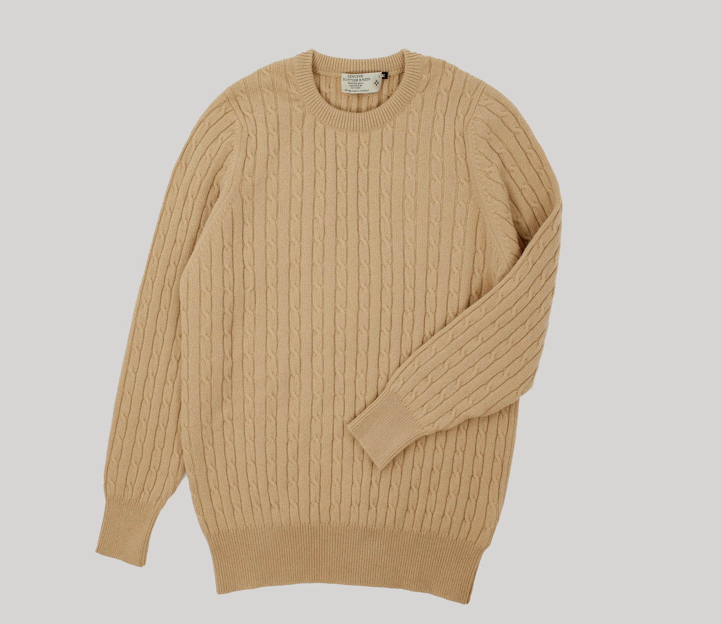 Geelong Lambswool Cable Crew Neck Jumper in Camel