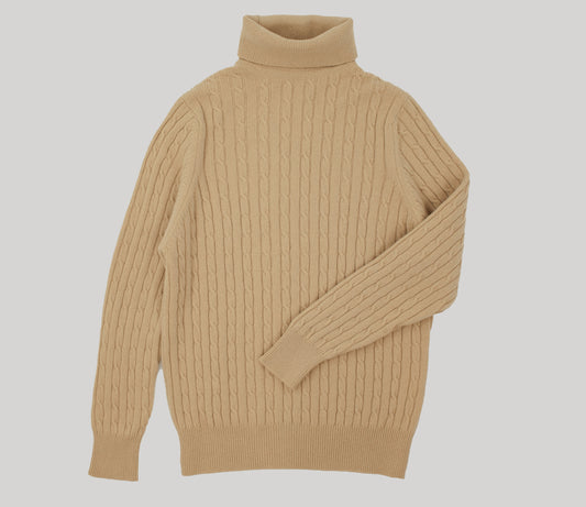 Geelong Lambswool Cable Roll Neck Jumper in Camel