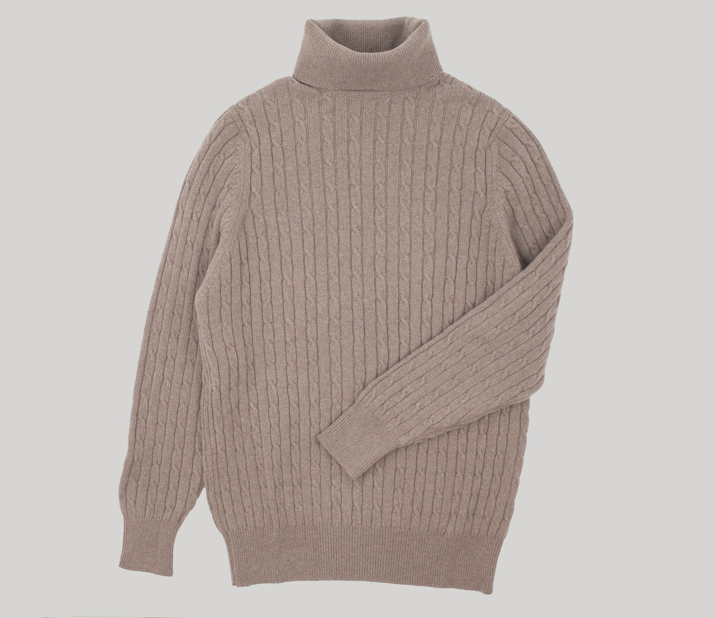 Geelong Lambswool Cable Roll Neck Jumper in Mushroom