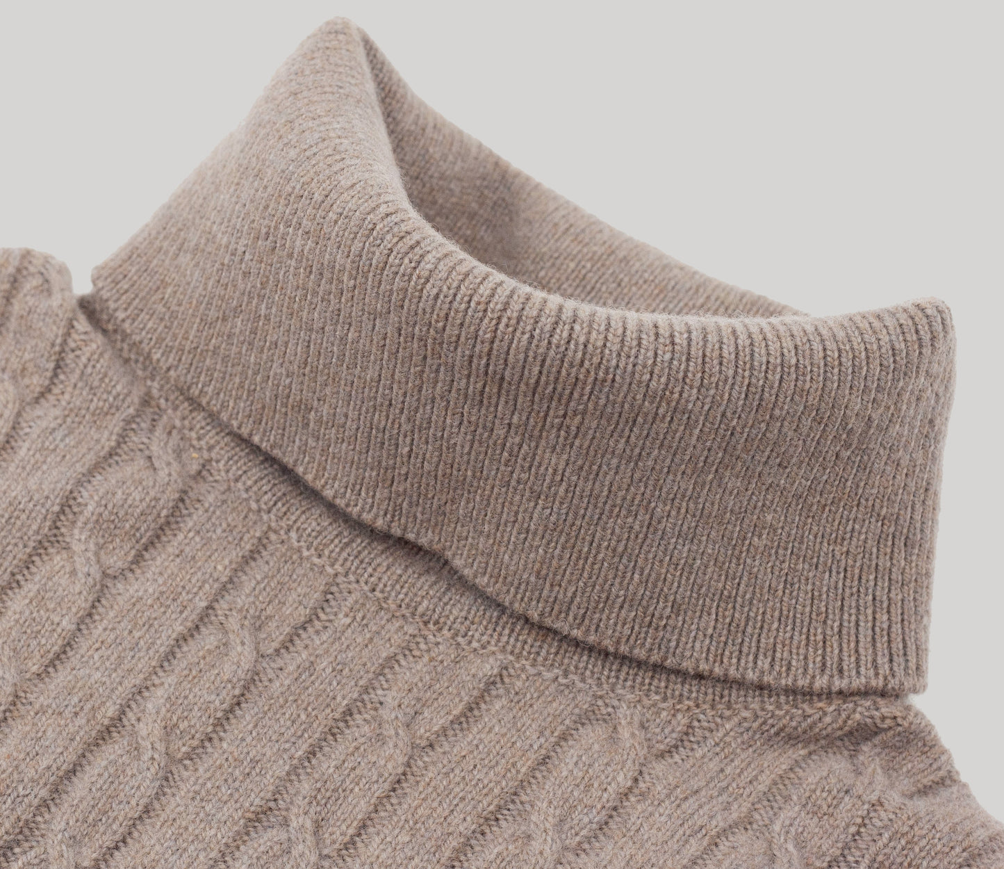 Geelong Lambswool Cable Roll Neck Jumper in Mushroom