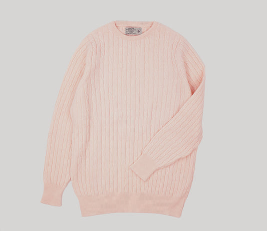 Geelong Lambswool Cable Crew Neck Jumper in Pale Pink