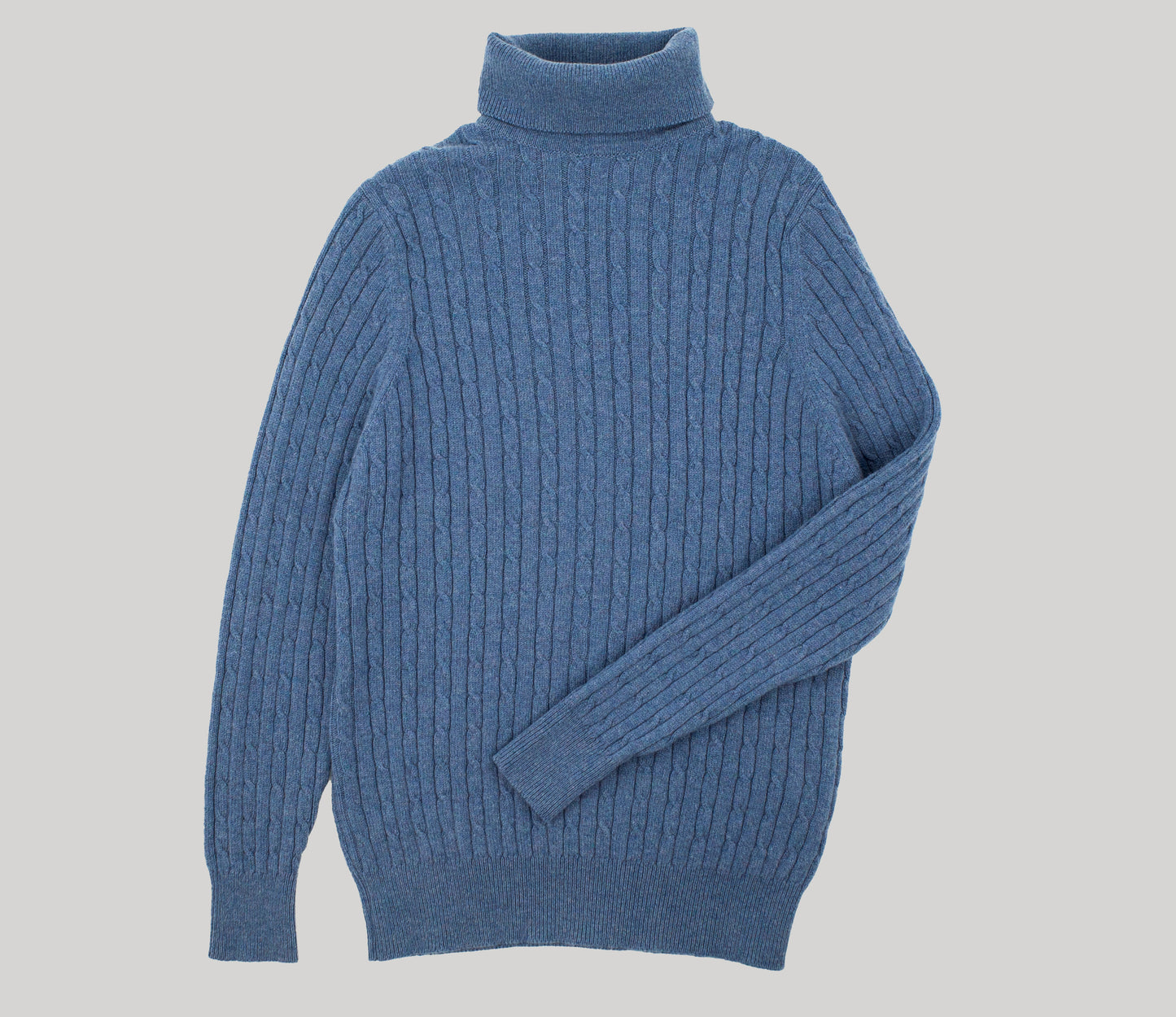 Geelong Lambswool Cable Roll Neck Jumper in Sky Blue