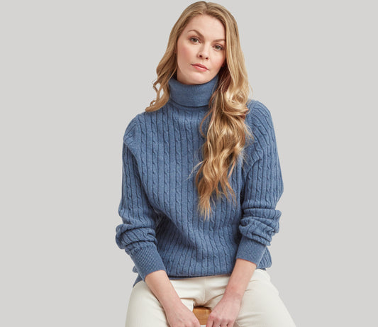 Geelong Lambswool Cable Roll Neck Jumper in Sky Blue