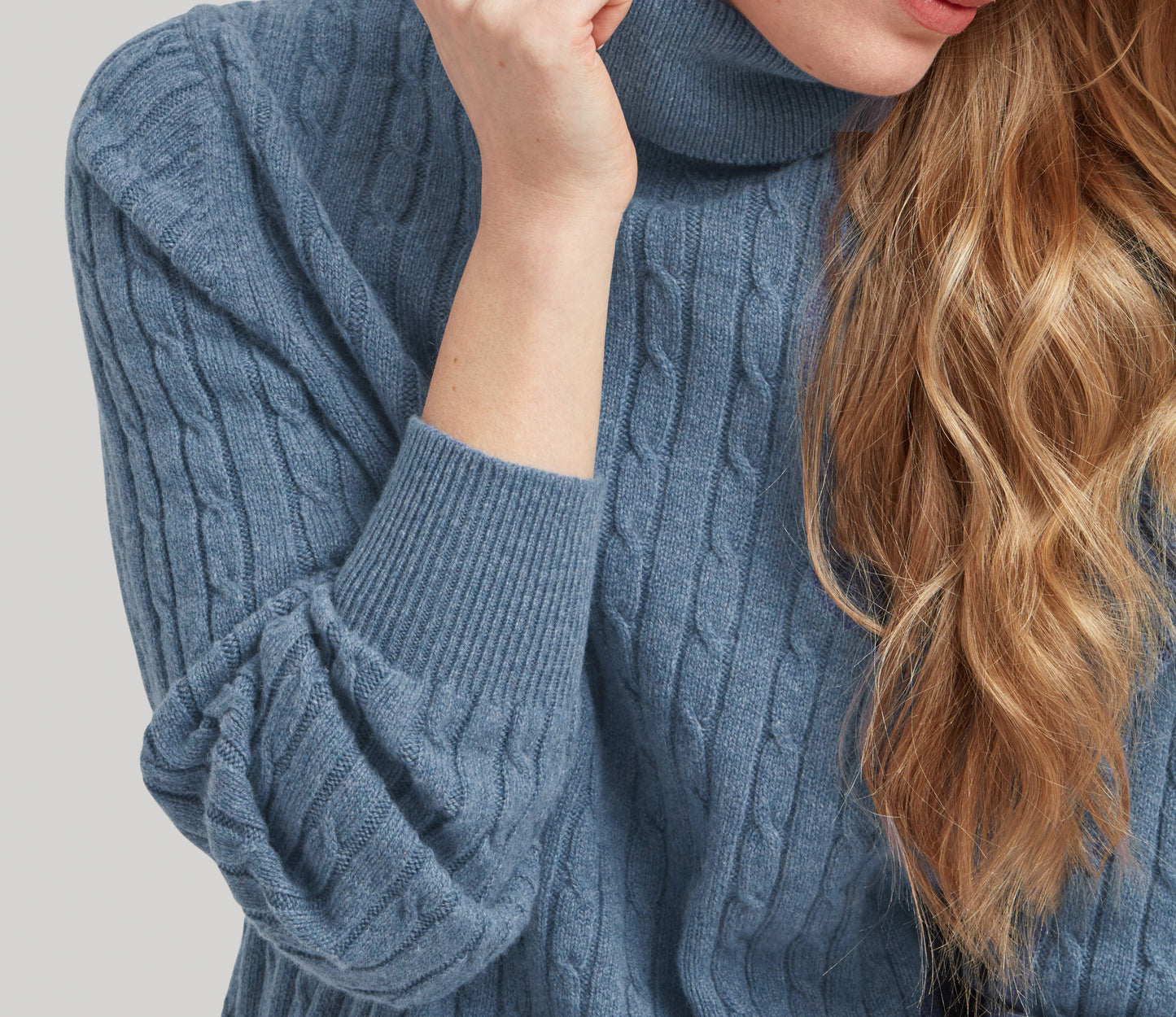 Geelong Lambswool Cable Roll Neck Jumper in Sky Blue