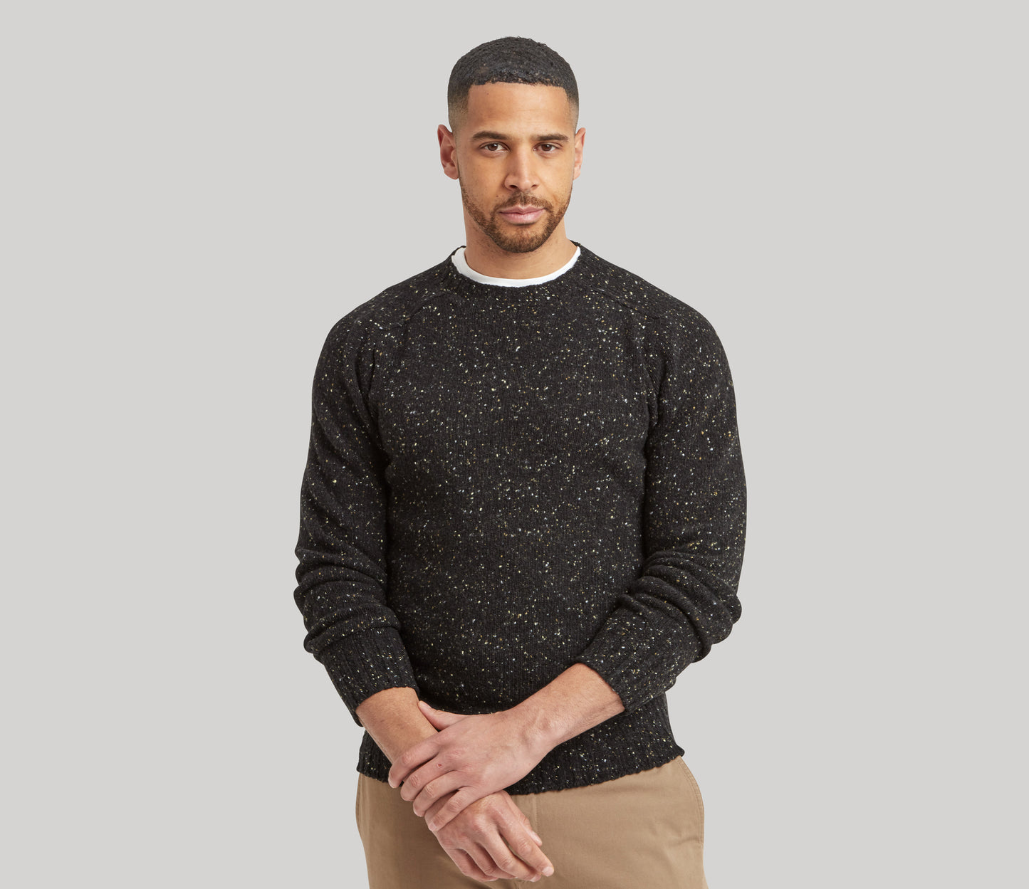 Merino Wool Donegal Crew Neck Jumper in Black Tweed