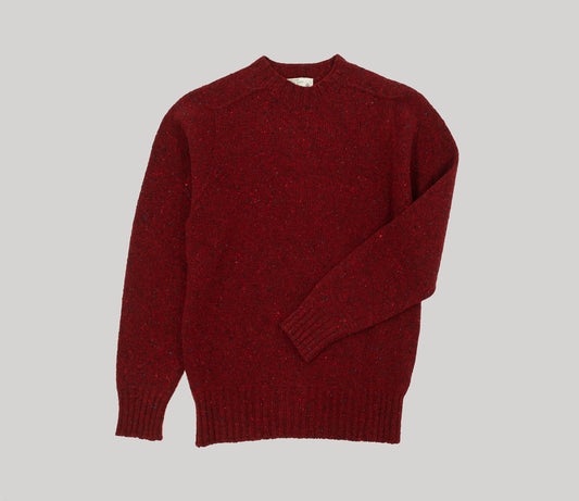 Merino Wool Donegal Crew Neck Jumper in Burgundy Tweed