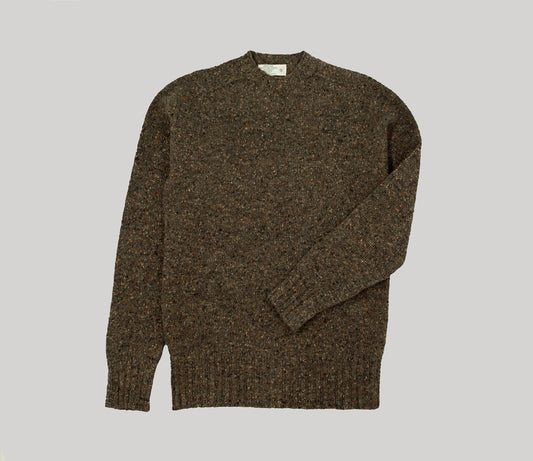 Merino Wool Donegal Crew Neck Jumper in Dark Natural Tweed