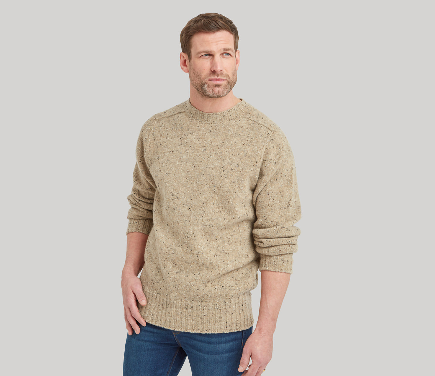 Merino Wool Donegal Crew Neck Jumper in Natural Tweed