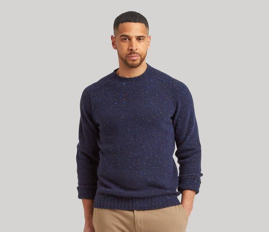 Merino Wool Donegal Crew Neck Jumper in Navy Tweed