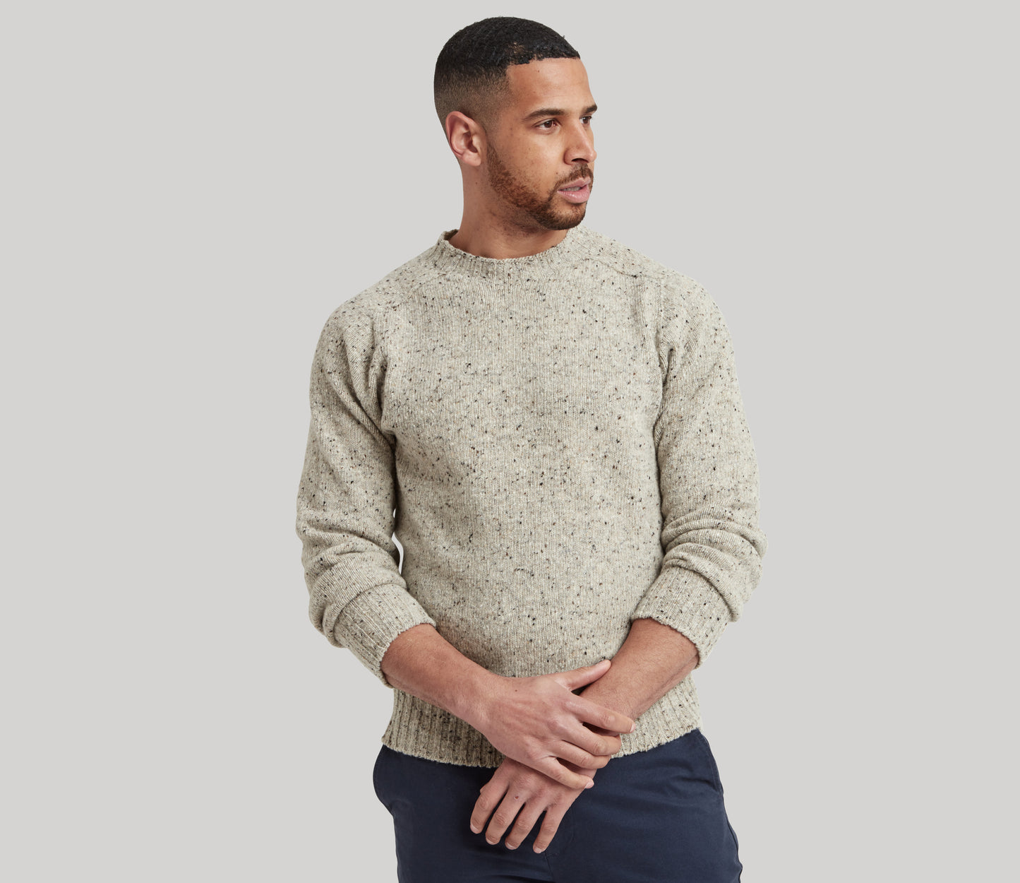 Merino Wool Donegal Crew Neck Jumper in Silver Tweed