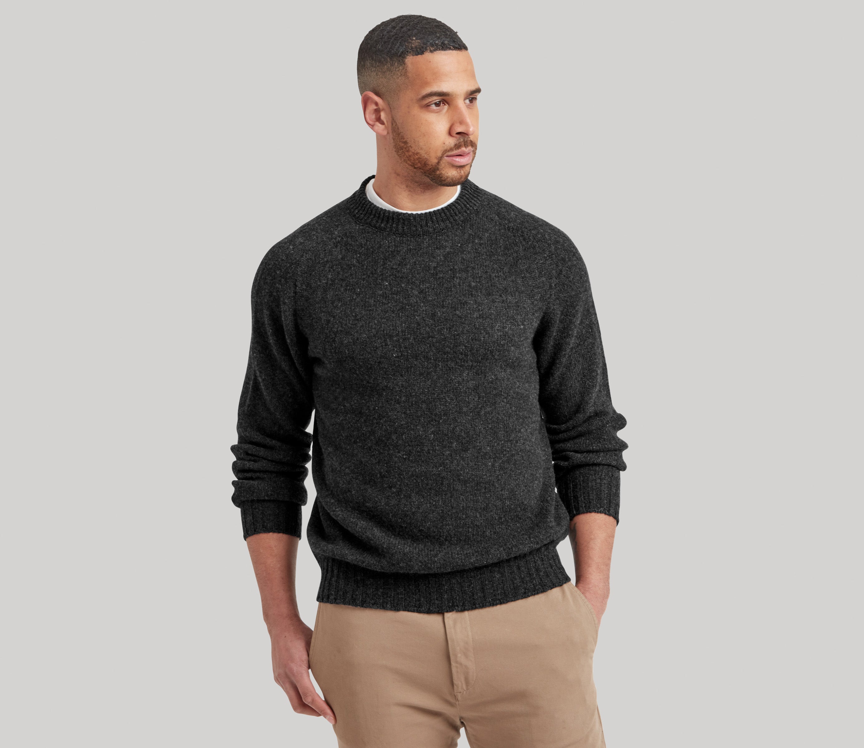 Modern Fit Shetland Crew Neck Jumper in Charcoal – Genuine