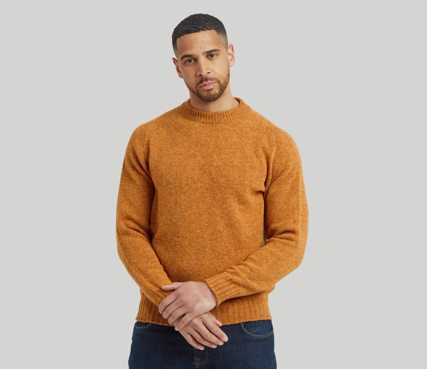 Modern Fit Shetland Crew Neck Jumper in Ochre