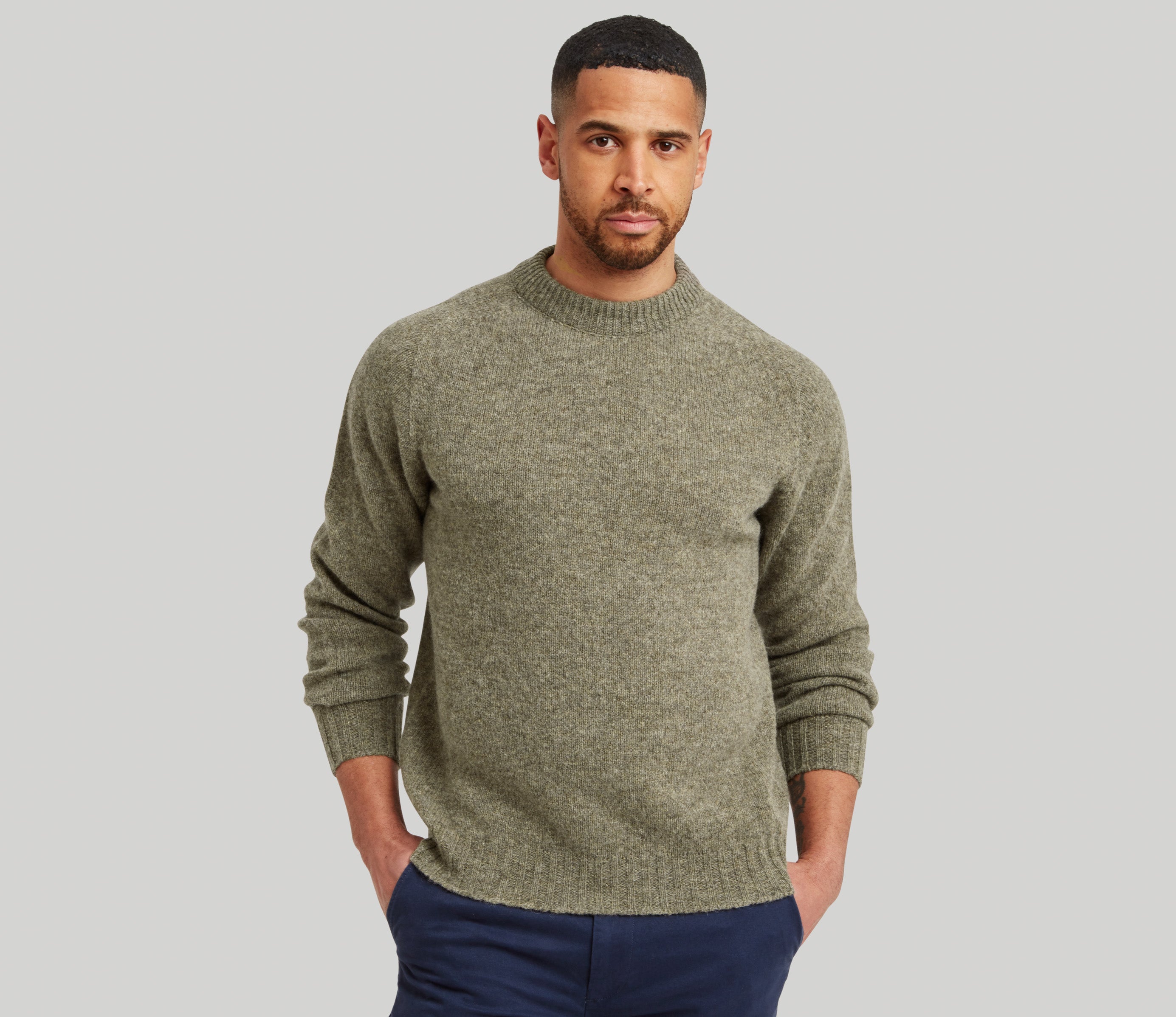 Modern Fit Shetland Crew Neck Jumper in Oyster Grey