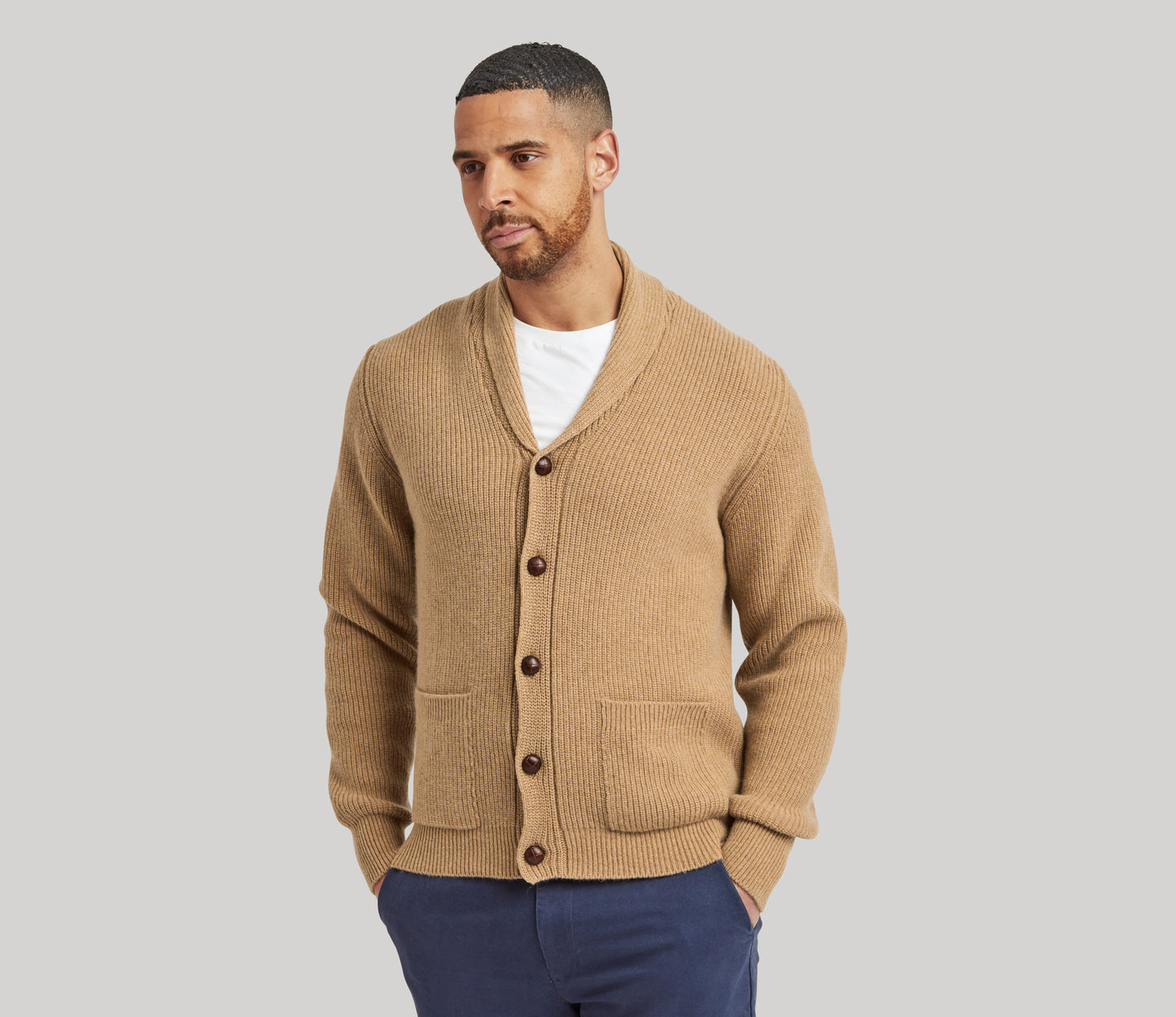 Classic Shawl Neck Cardigan in Camel